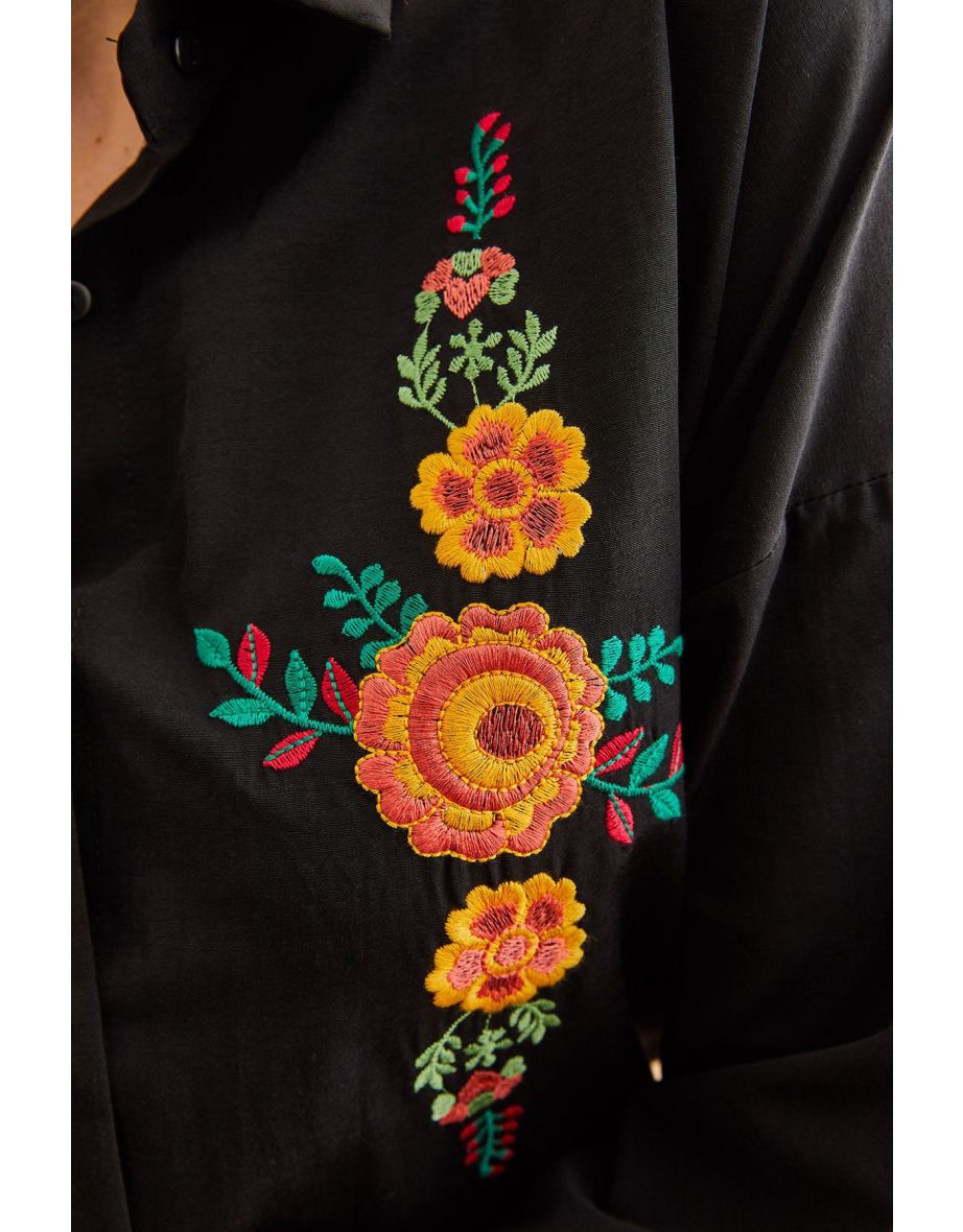 Women's Orange Floral Black Embroidery Detailed Oversize Woven Shirt - 7