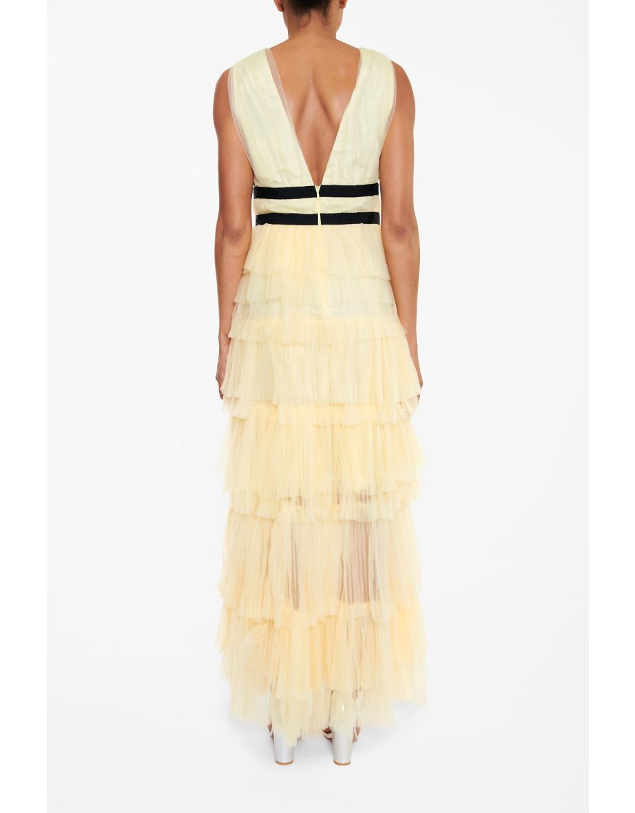 Eliza Pale Yellow Plunging Neck Layered Tulle Skirt Maxi-Dress - 1