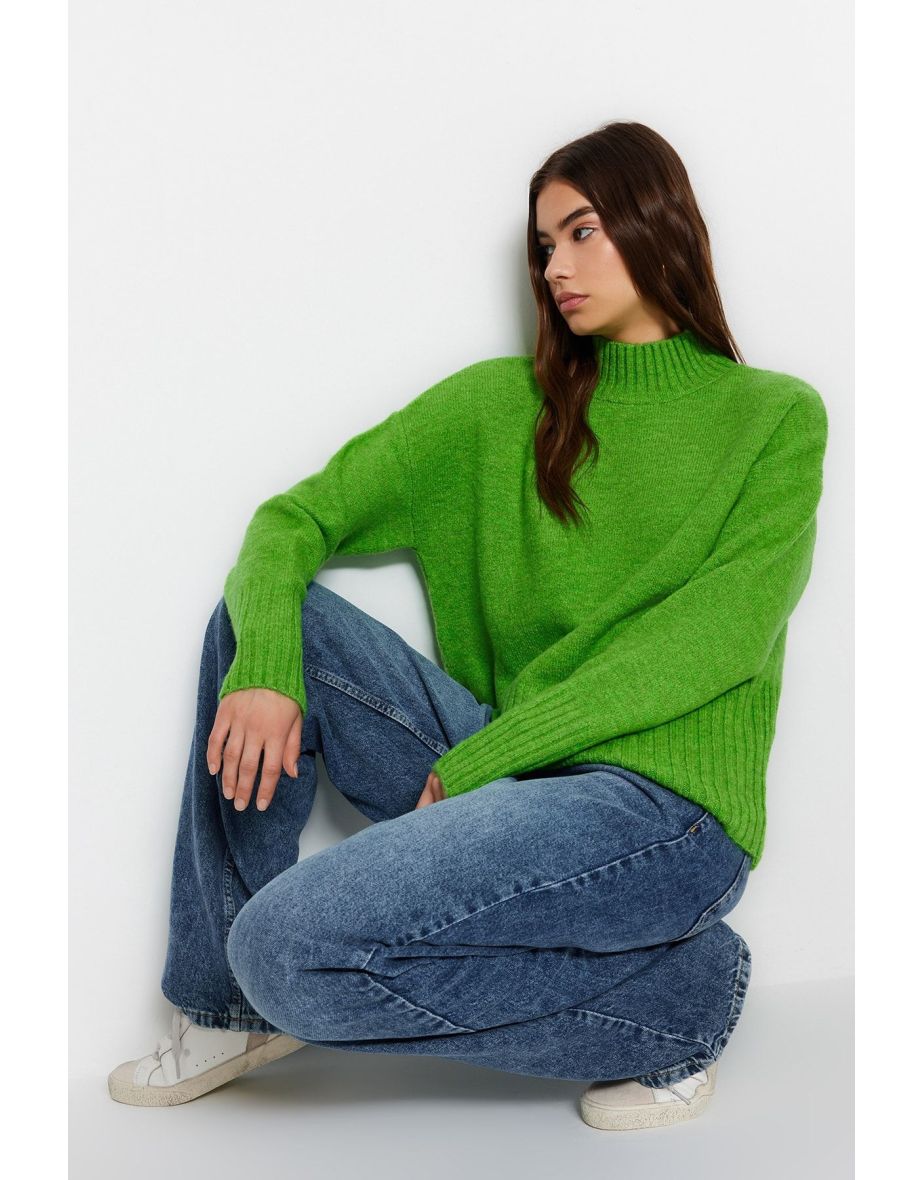 Green Wide Fit Soft Textured Basic Basic Knitwear Sweater - 7
