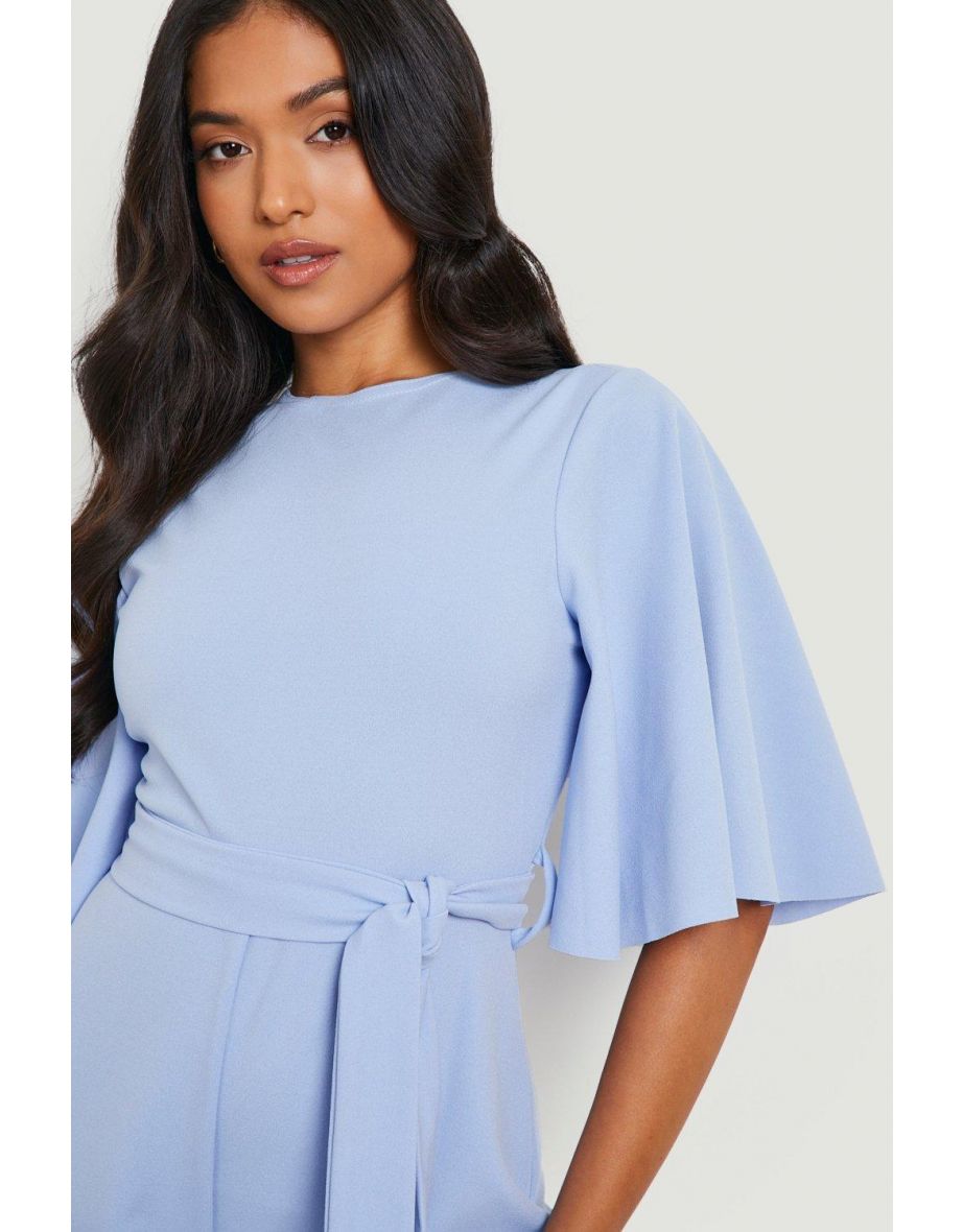 Petite Angel Sleeve Belted Culotte Jumpsuit - sky blue - 3