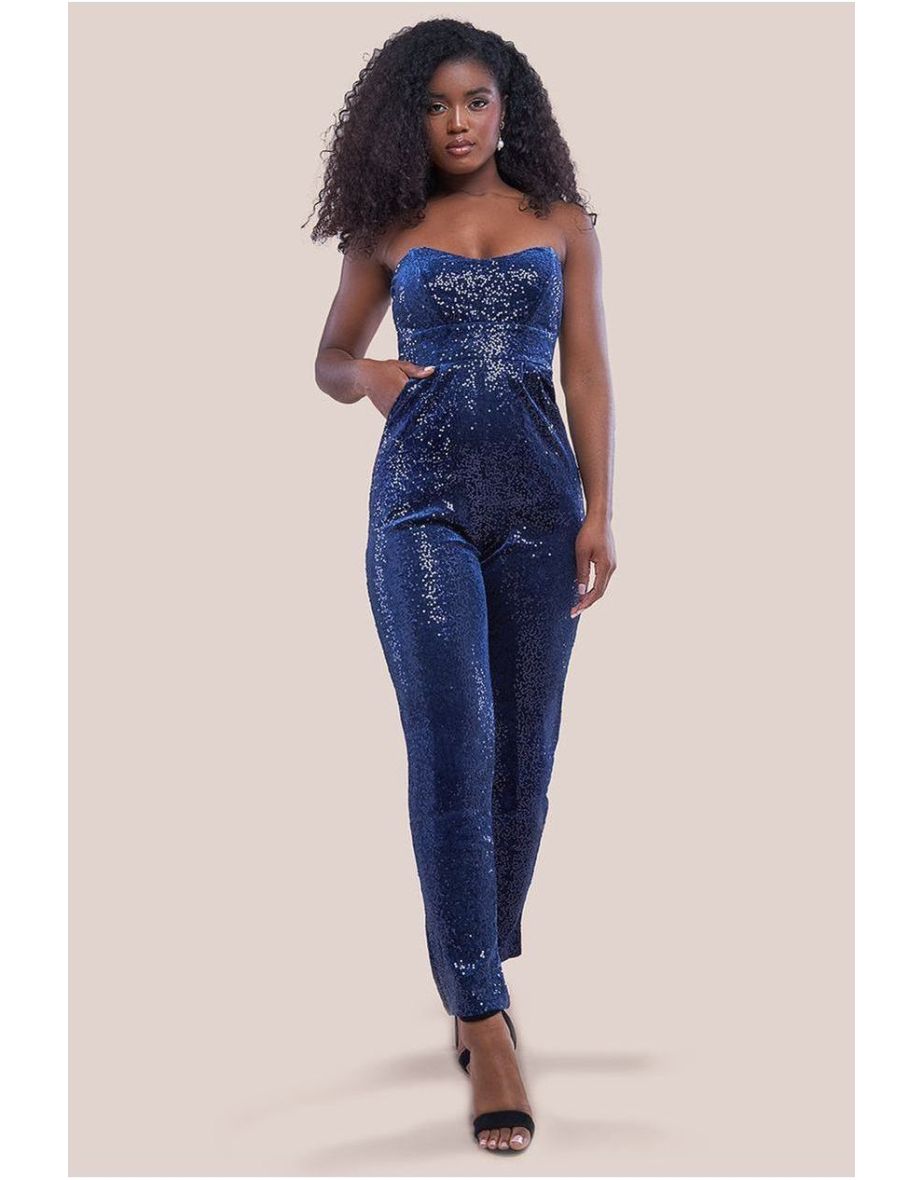 Goddiva Sequin & Velvet Corset Jumpsuit - Navy