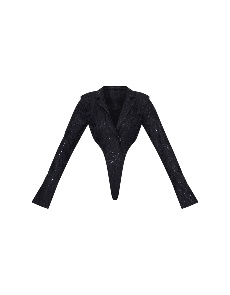 Tall Black Sequin Lace Bodysuit Blazer Jacket - 4