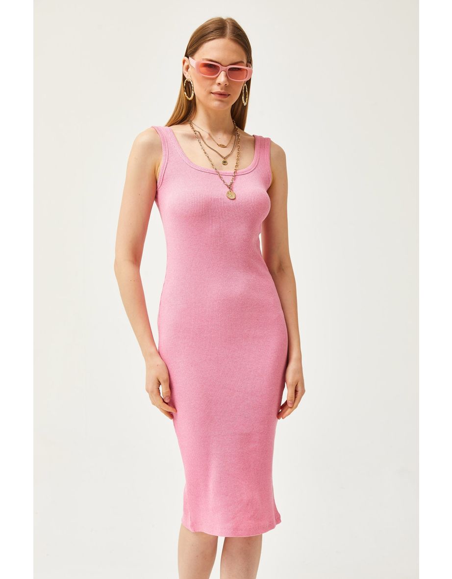 Women's Pink Thick Strap Lycra Midi Dress - 5