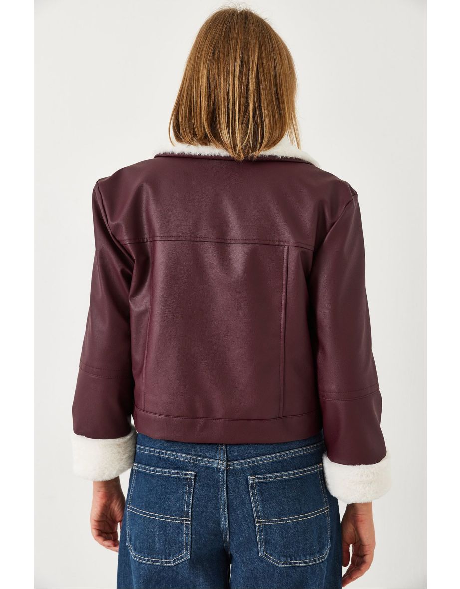 Women's Fur Lined Leather Jacket with Buckled Collar - 6