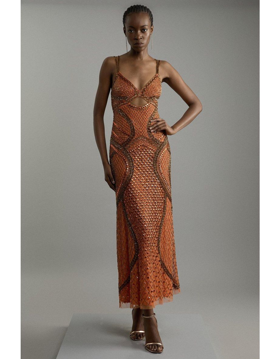 Cut Out Detail Embellished Beaded Woven Maxi Dress