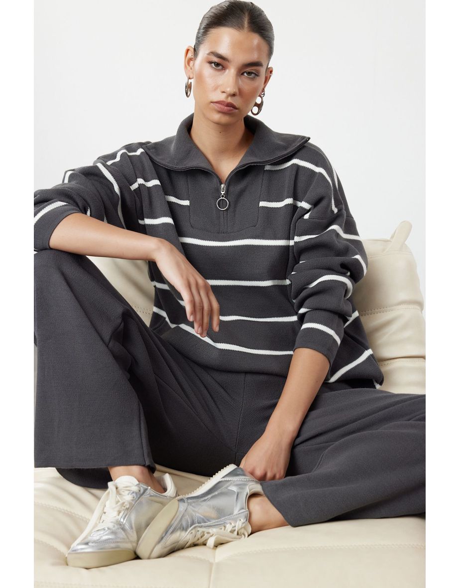 Anthracite Wide Fit Zippered Knitwear Bottom-Top Set