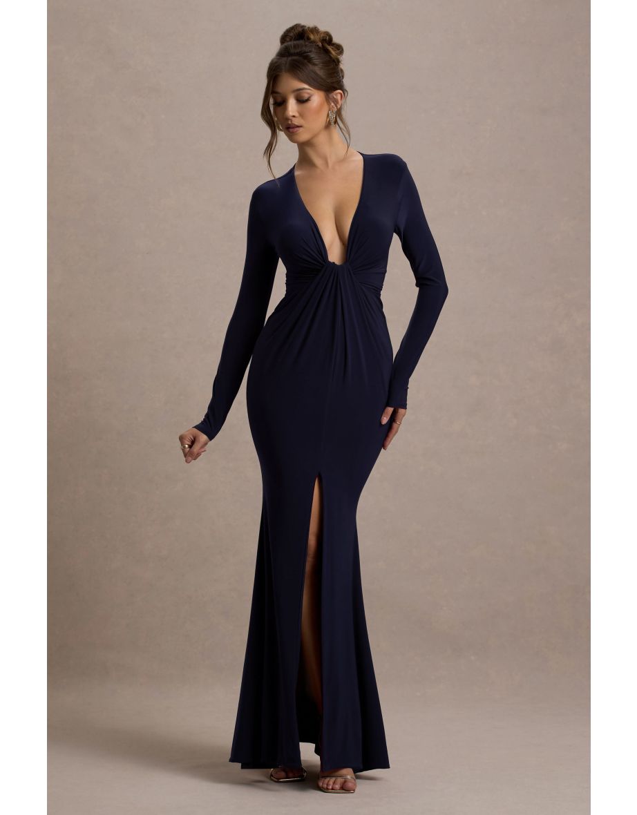 Aluna | Navy Plunge-Neck Twisted Split Maxi Dress