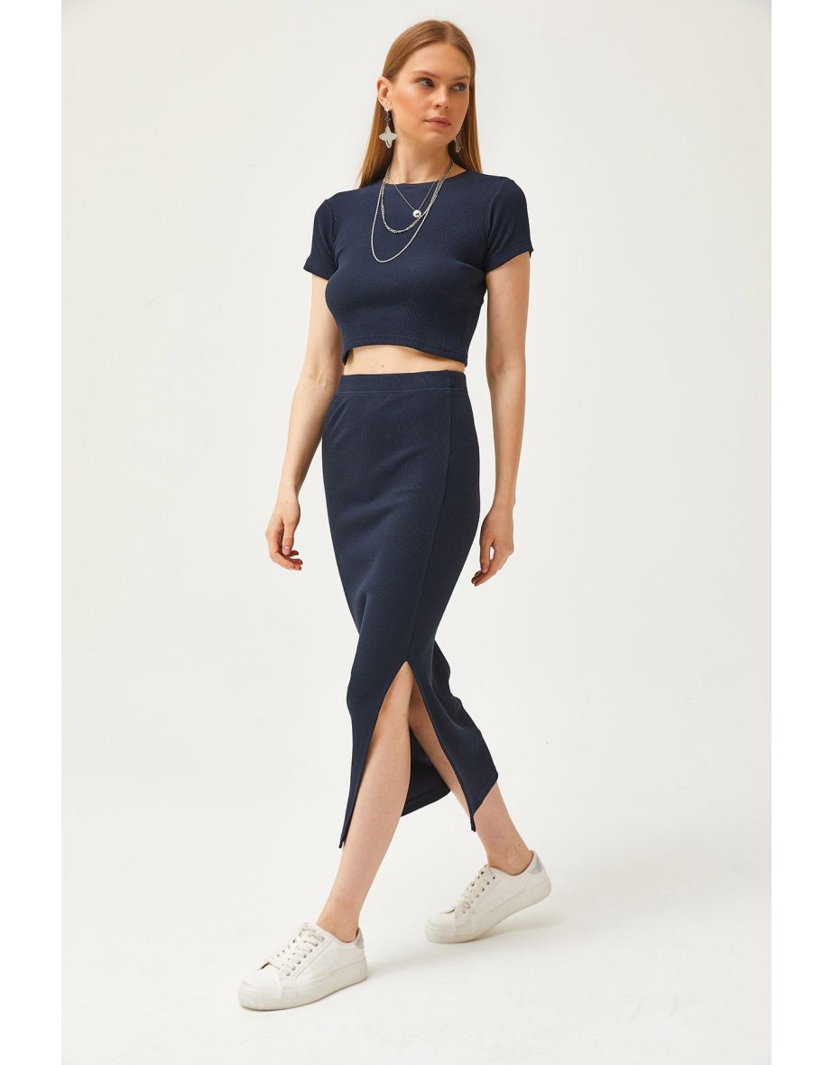 Women's Navy Blue Short Sleeve Slit Skirt Lycra Suit - 4