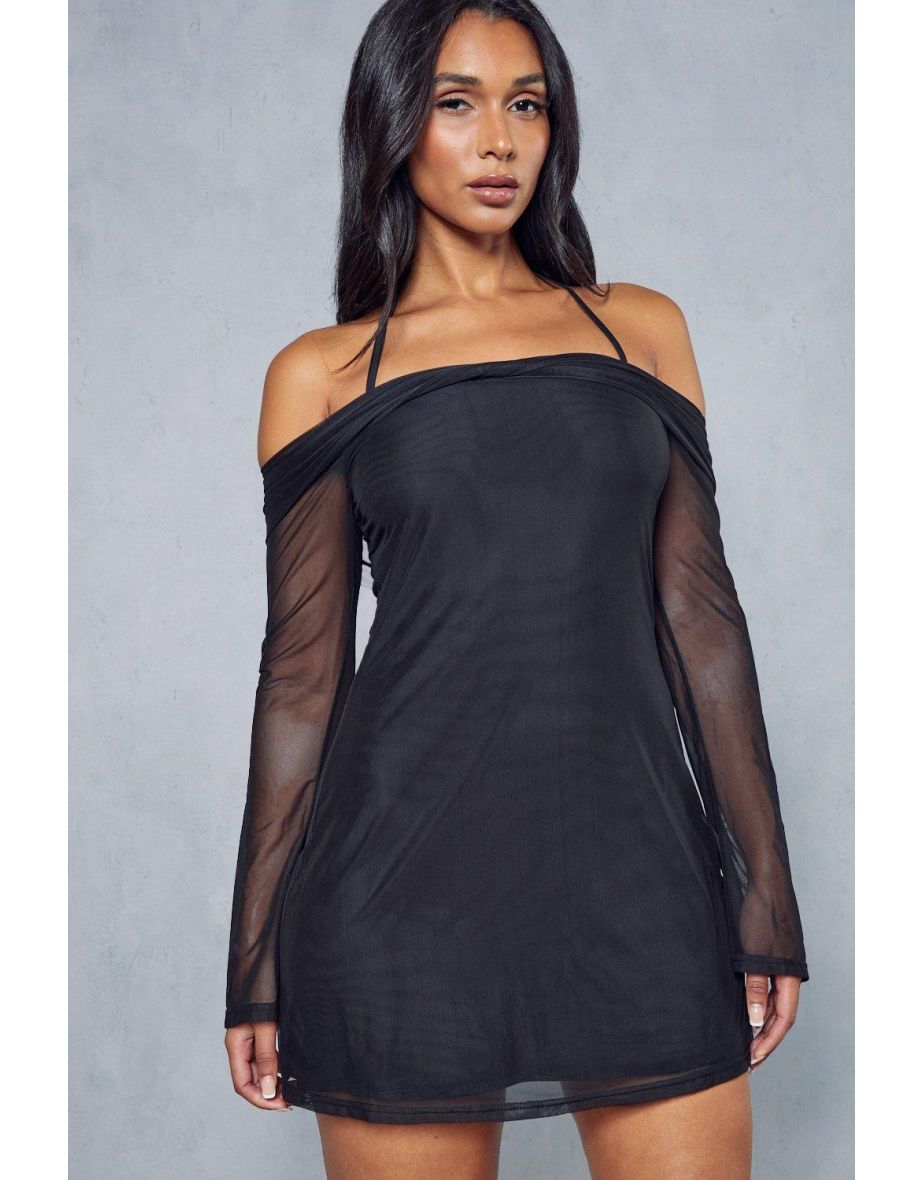 Mesh Halterneck Strap Detail Bardot Mini Dress