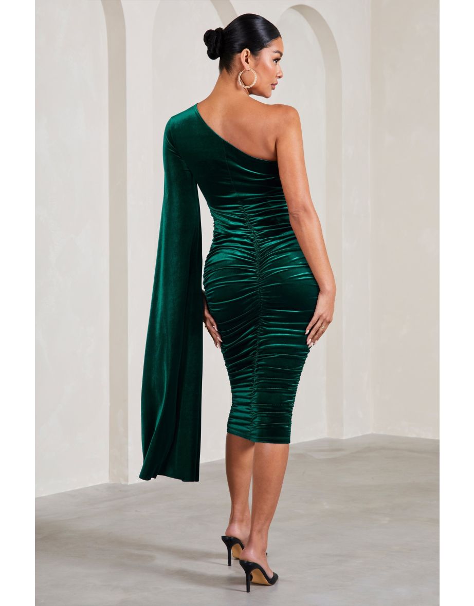 One shoulder green velvet cheap dress