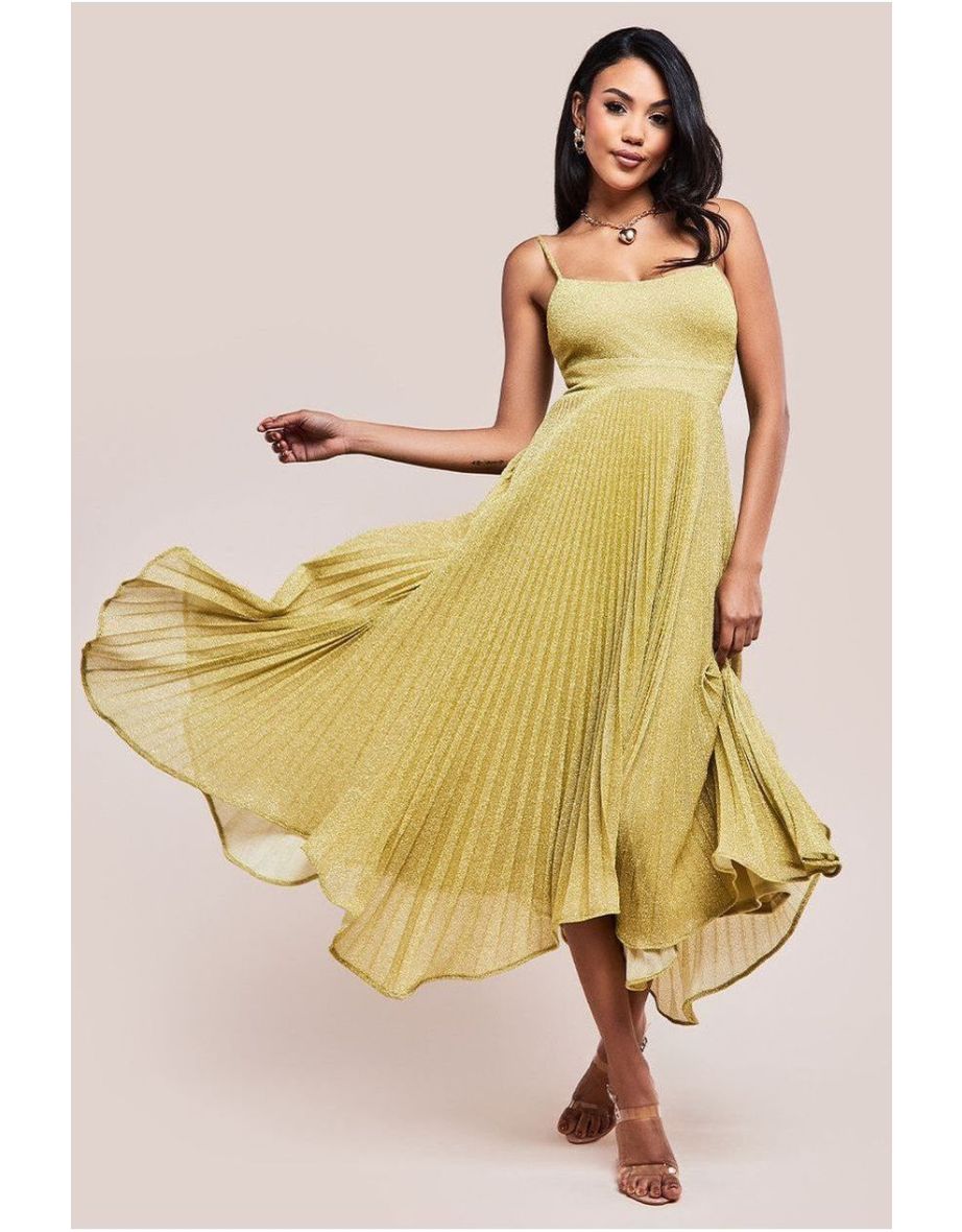 Goddiva Tie Back Pleated Lurex Skater Midaxi Dress