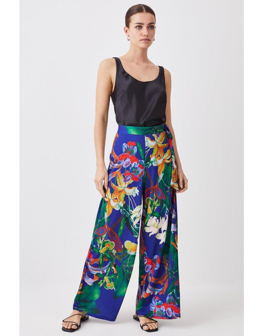 Petite Printed Wide Leg Waist Tie Jersey Trousers