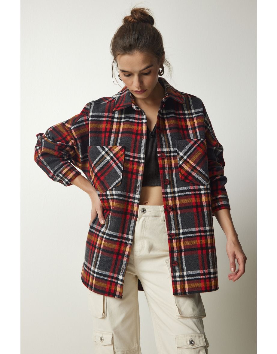 Women's Gray Red Patterned Oversize Cachet Lumberjack Shirt