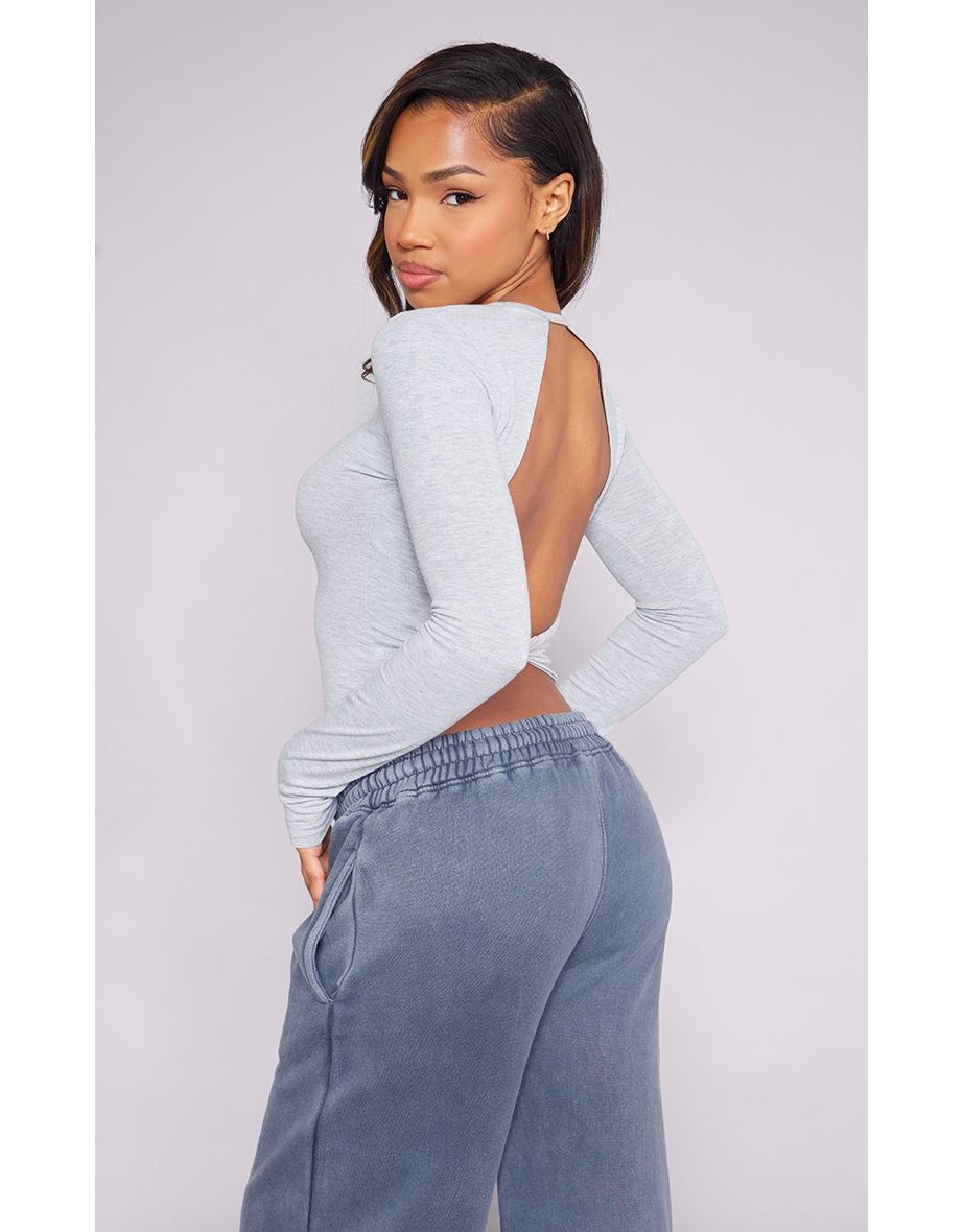 Grey Marl Twist Open Back Long Sleeve Top