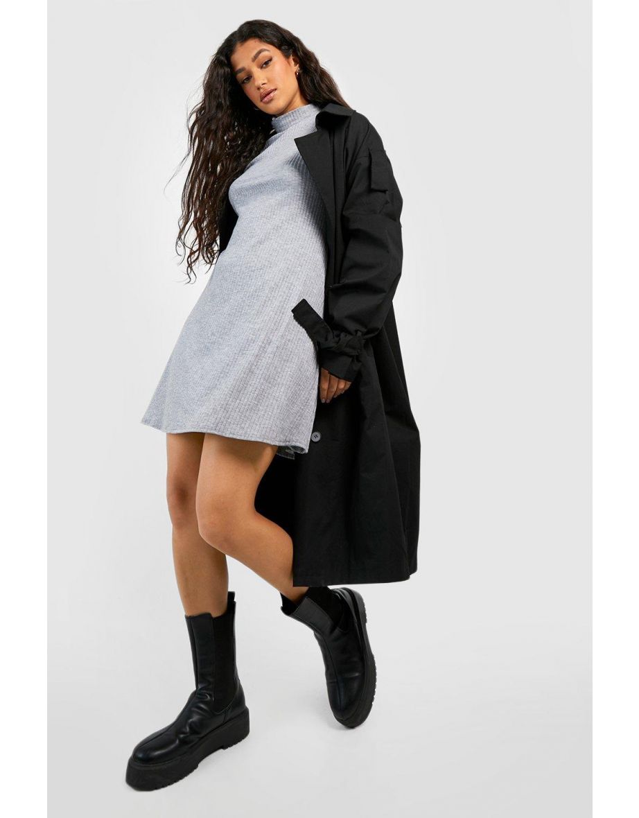Soft Rib High Neck Swing Dress - grey