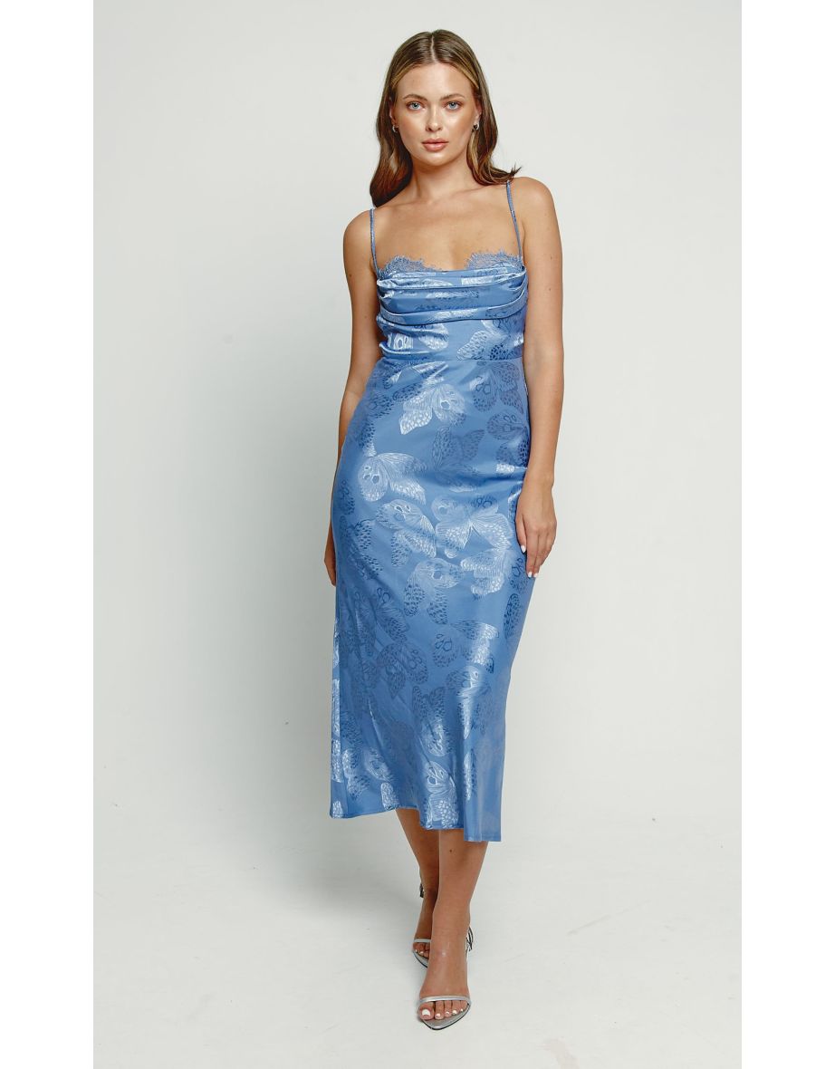 Blue Satin Jacquard Butterfly Maxi Dress