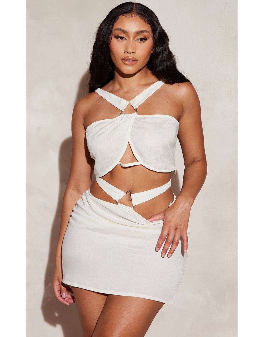 Shape Cream Linen Look Cut Out Triangle Trim Detail Crop Top
