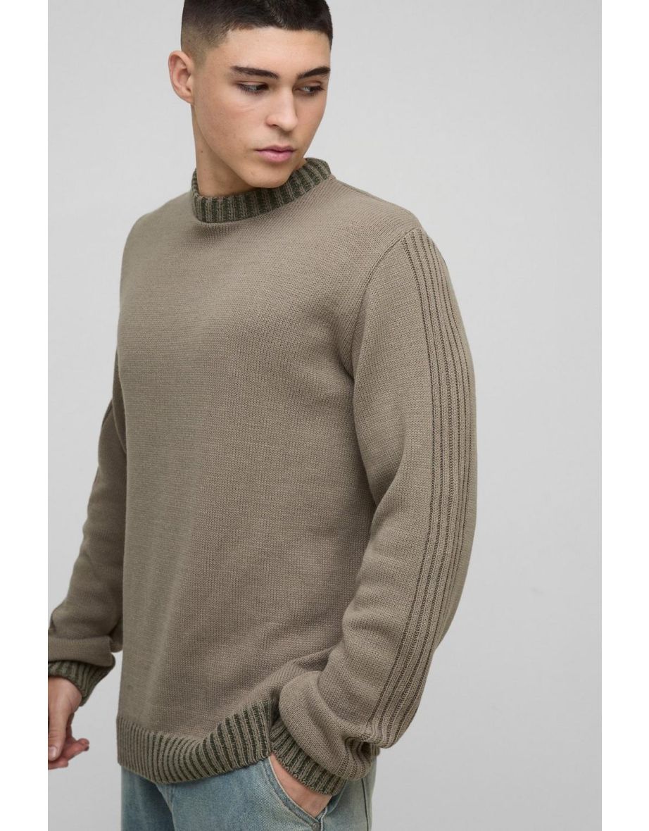 Regular Fit Contrast Rib Knit Sleeve Jumper - khaki