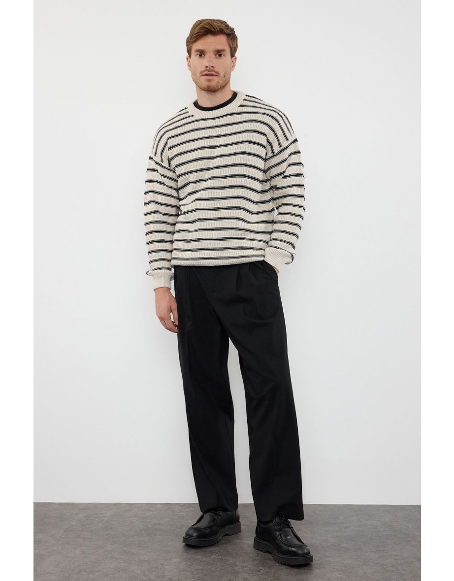 Beige Oversize Crew Neck Striped Knitwear Sweater