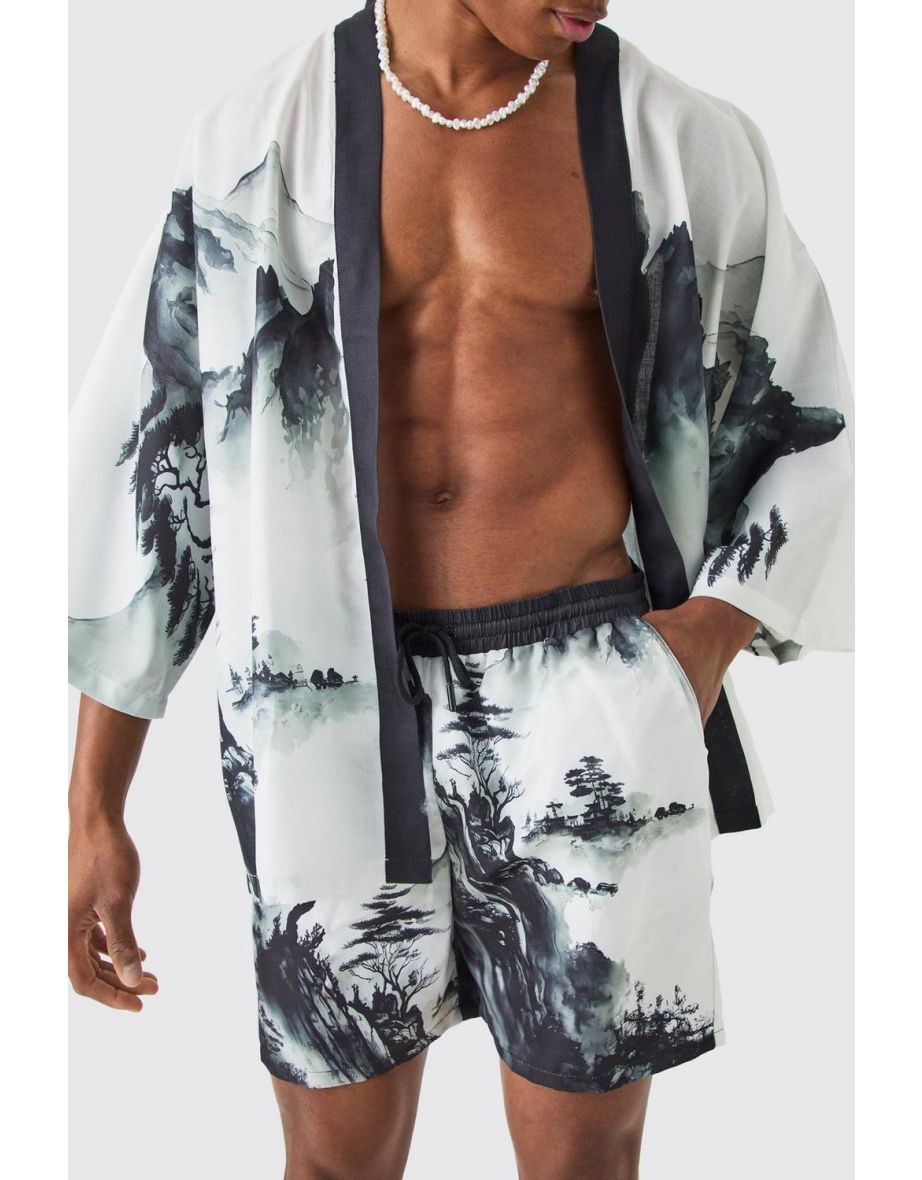 Oversized Printed Kimono Shirt And Swim Short Set - black - 2