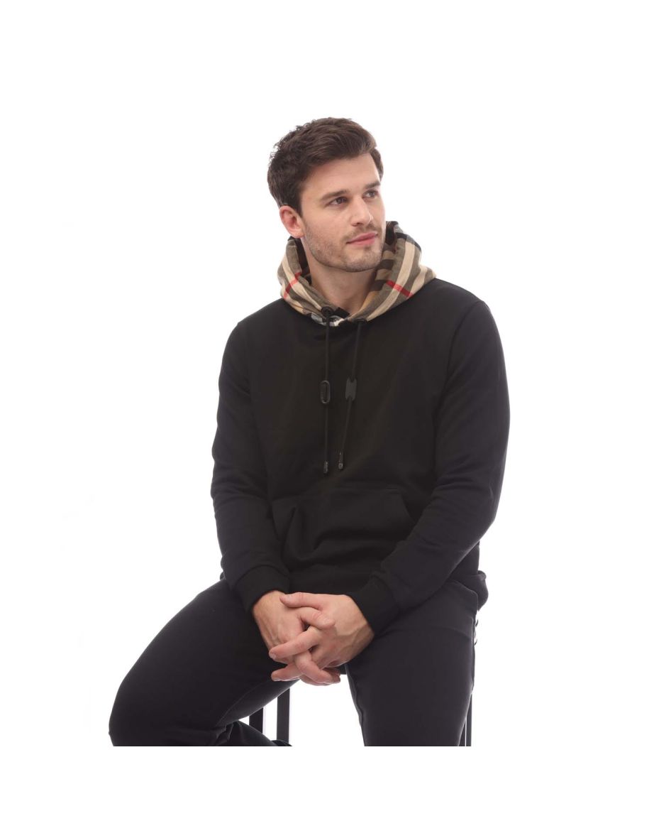 Men's Burberry Check Hood Cotton Blend Hoodie in Black - 5