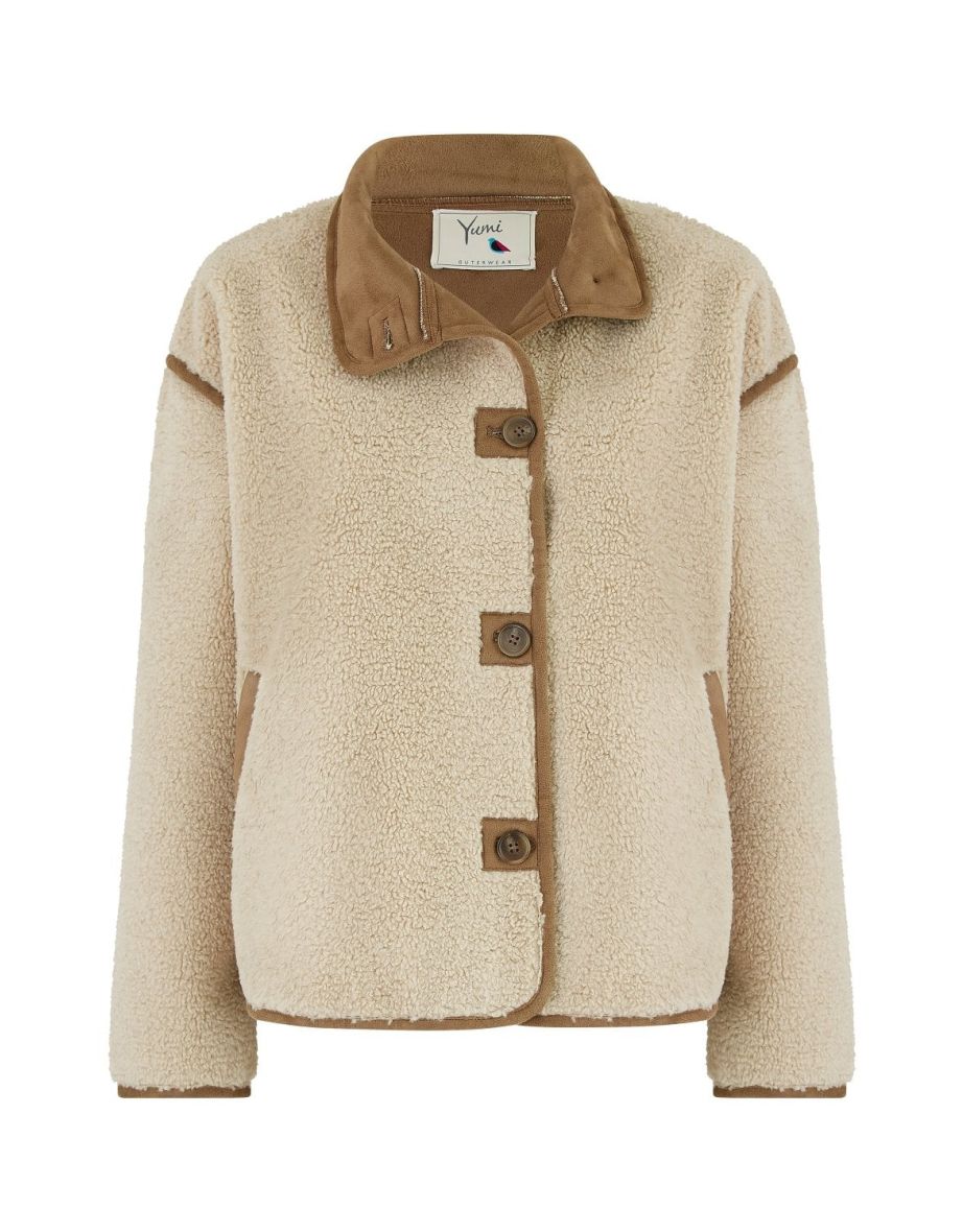 Yumi Cream Borg High Neck Jacket With Faux Leather Trims - 8