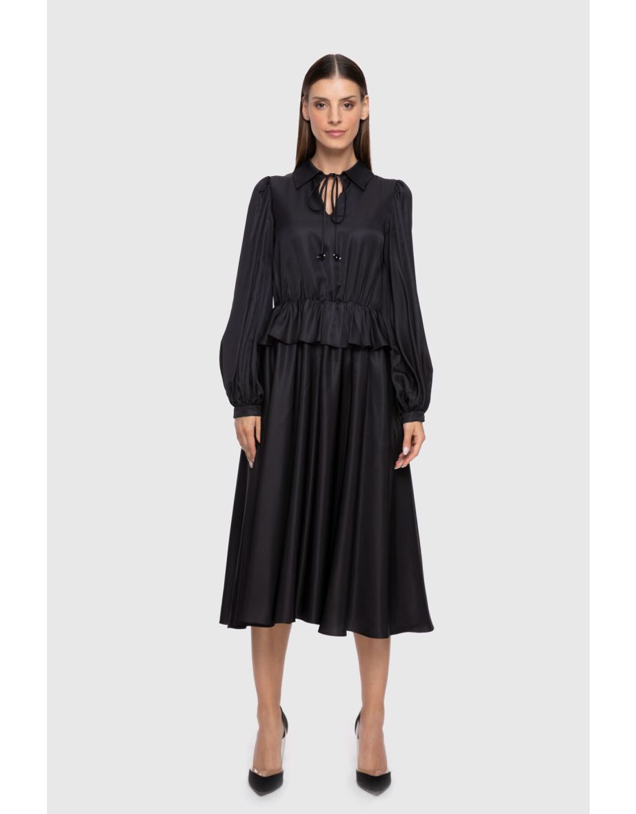 Tie Neck Detailed Skirt Pleated Black Midi Dress