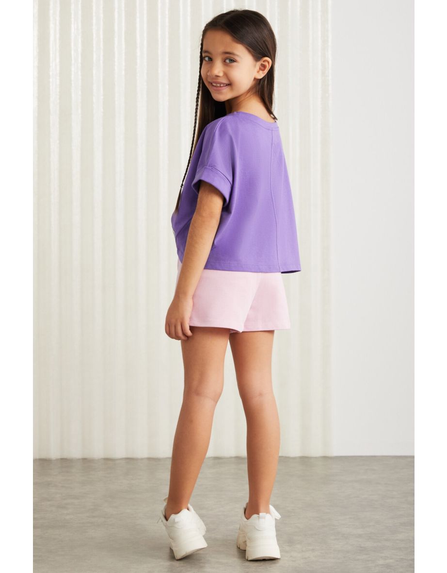 AMARE-GRM24037 100% cotton 3 thread girls shorts with trim label Pink Shorts - 4
