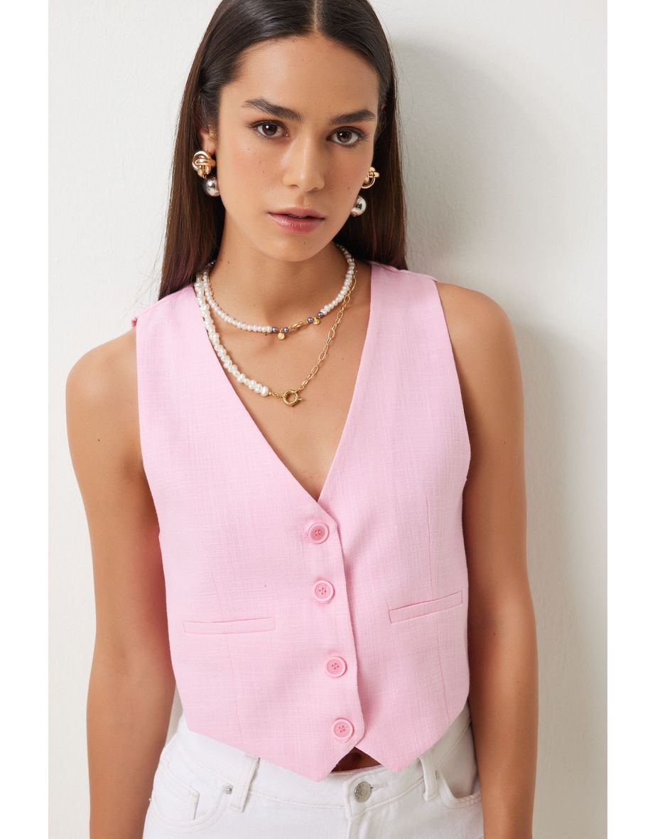 Women's Pink Linen Short Vest - 4