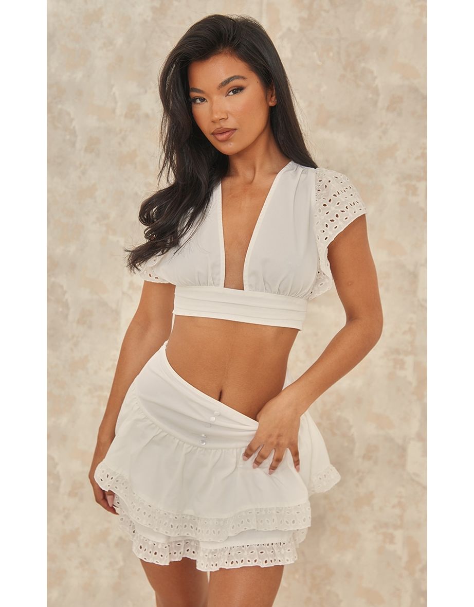 White Broderie Frill Trim Plunge Blouse