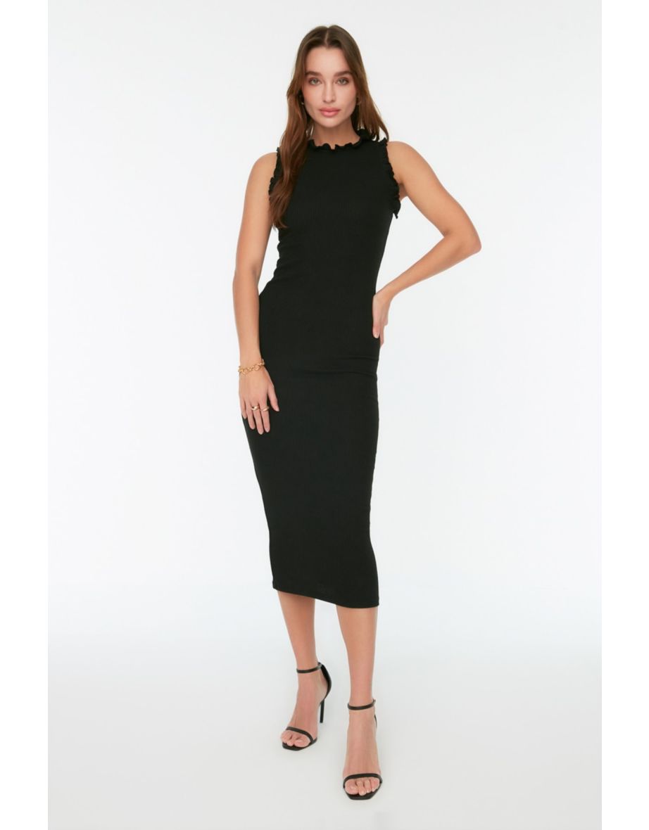 Black Bodycon Midaxi Dress with Ruffles