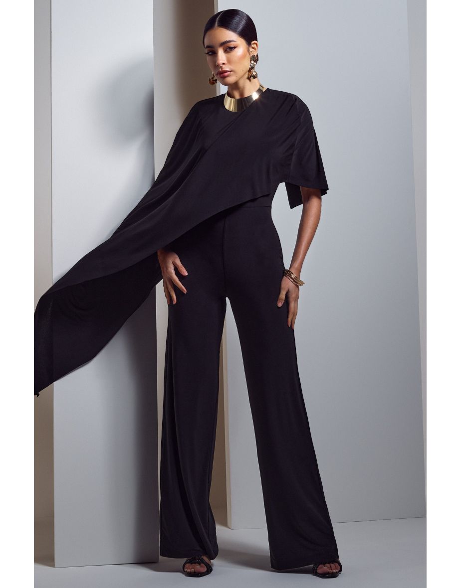 Reserve | Black High-Neck Wide-Leg Jumpsuit With Cape - 5