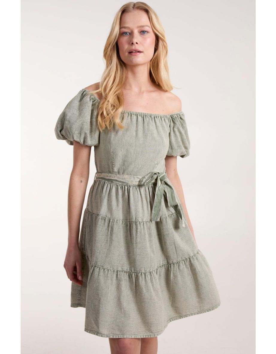 Off-Shoulder A-Line Denim Mini Skater Dress