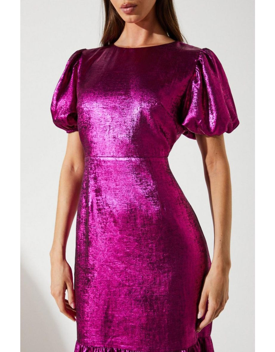 Puff Sleeve Flute Hem Metallic Midi Dress - 3