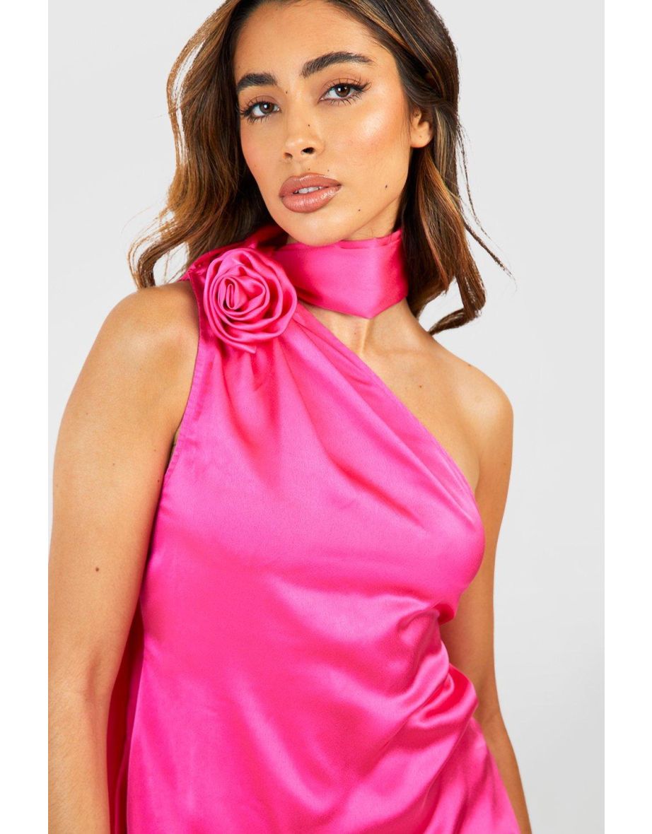 Rose Tie Neck Satin Slip Dress - hot pink - 3