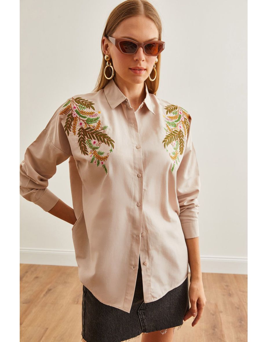 Women's Leaf Stone Embroidery Detailed Oversize Woven Shirt