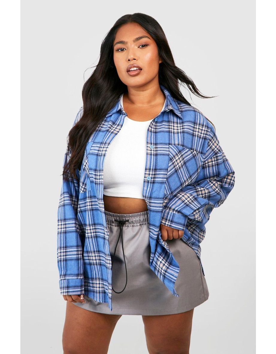 Plus Oversized Check Shirt - blue