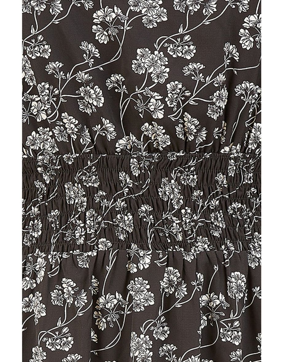 Mela Black Floral Print Ruched Waist Long Sleeve Skater Dress - 4