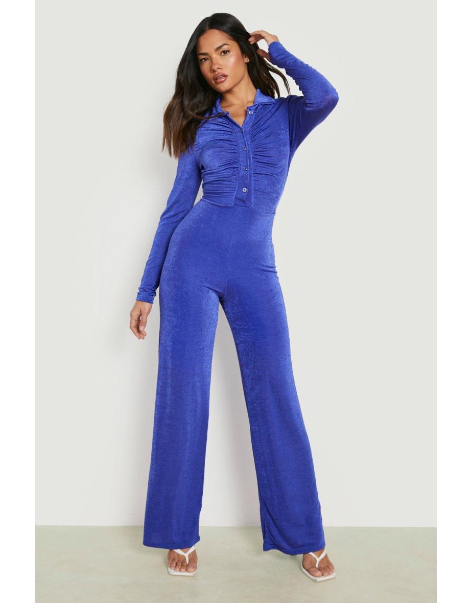 Textured Slinky Ruched Wide Leg Jumpsuit - vibrant purple