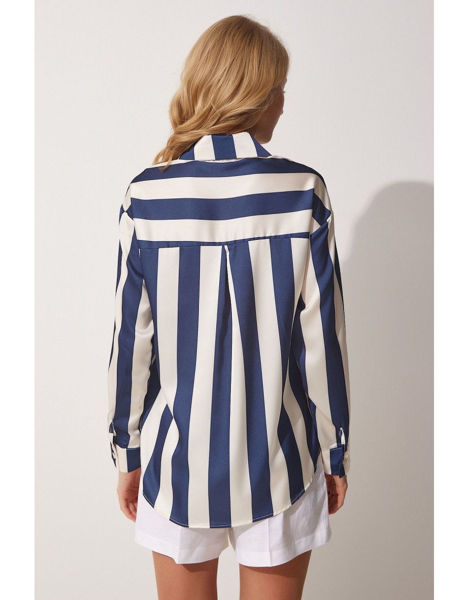 Women's Navy Blue Cream Striped Satin Shirt DD01206 - 5