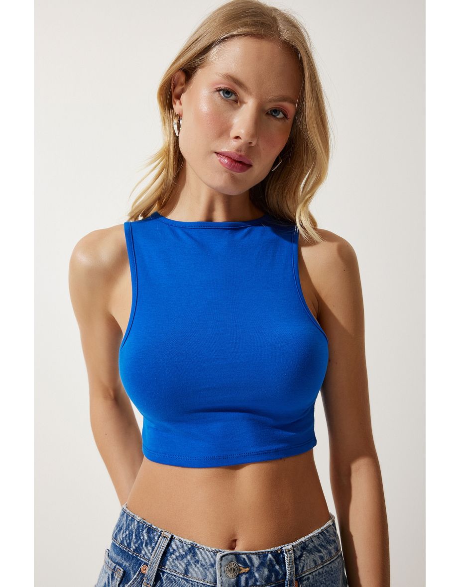 Women's Blue Halter Neck Crop Knitted Blouse