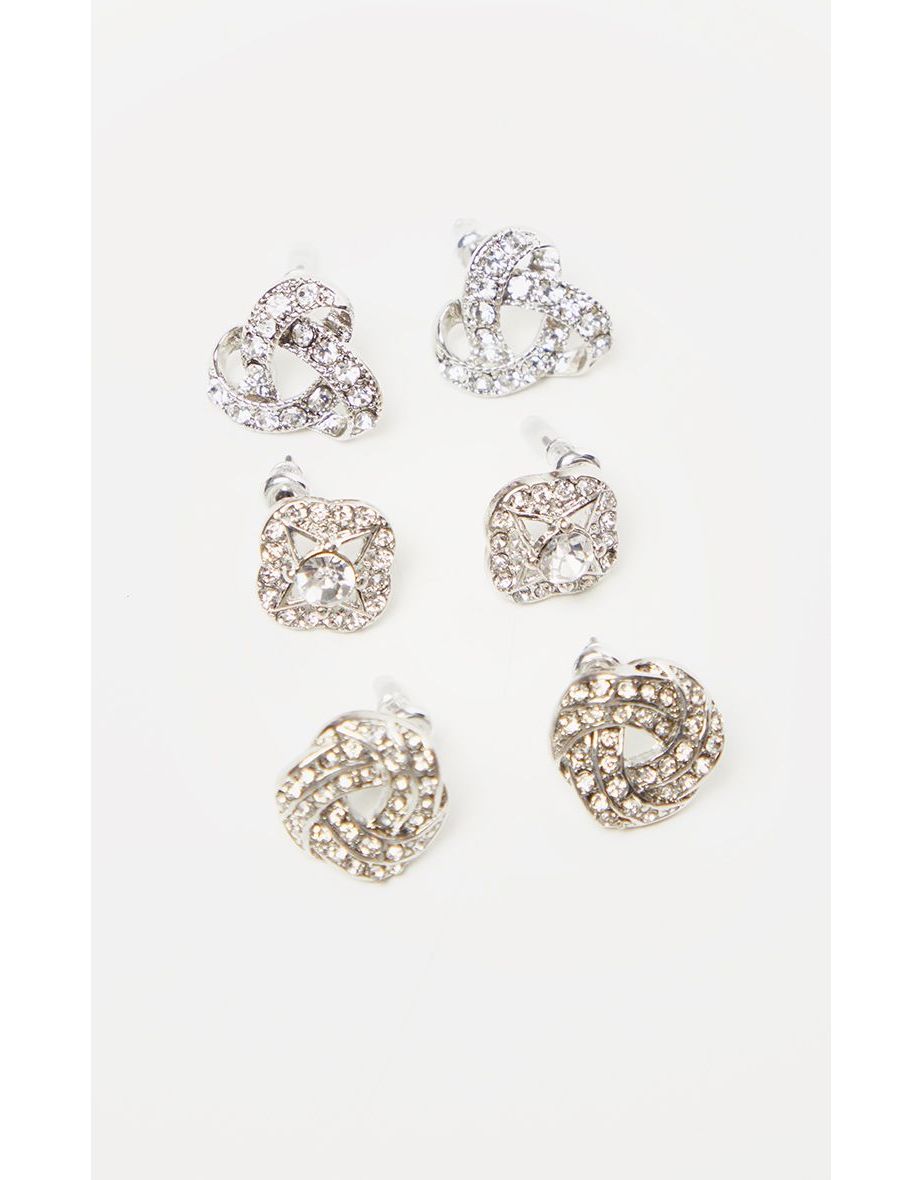 Silver Diamante Knocked Stud Earrings Multi Pack