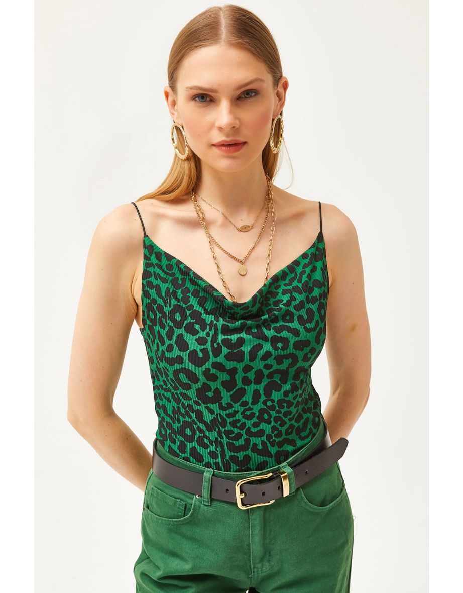 Women's Leopard Emerald Green Collar Rope Strappy Blouse