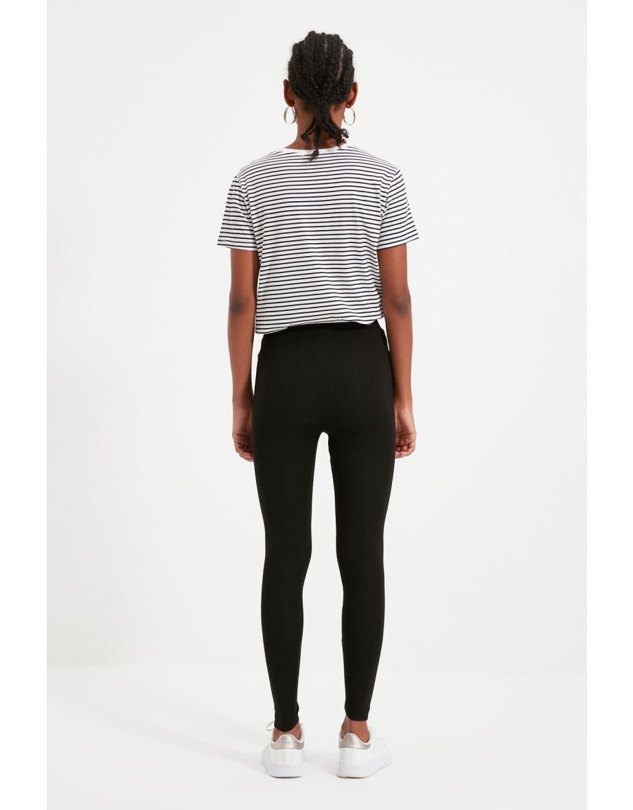 Black High Waist Inner Raised Stretch Knit Leggings - 4