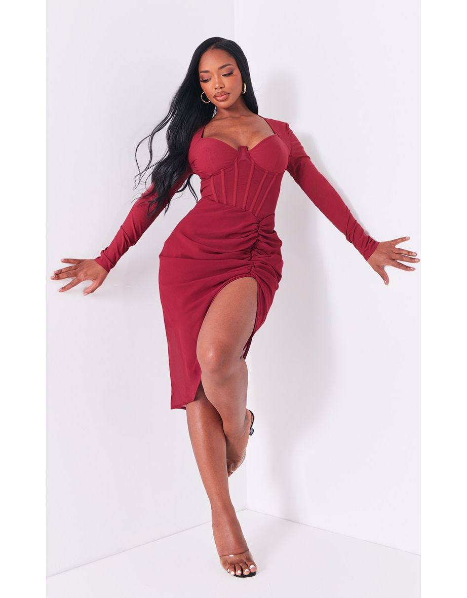 Shop Shape Burgundy Corset Long Sleeve Ruched Midi Dress Online in Bahrain VogaCloset