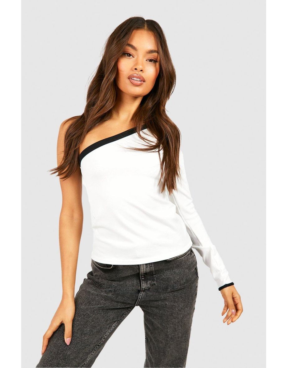 Contrast Rib Asymmetric Long Sleeve Top - white