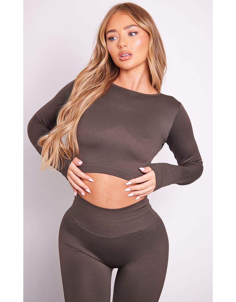 Shop Espresso Seamless Long Sleeve Cropped Gym Top Online in Oman VogaCloset