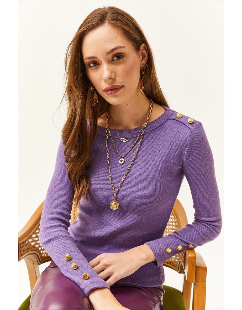 Women's Purple Shoulder and Cufflinks Raised Lycra Blouse