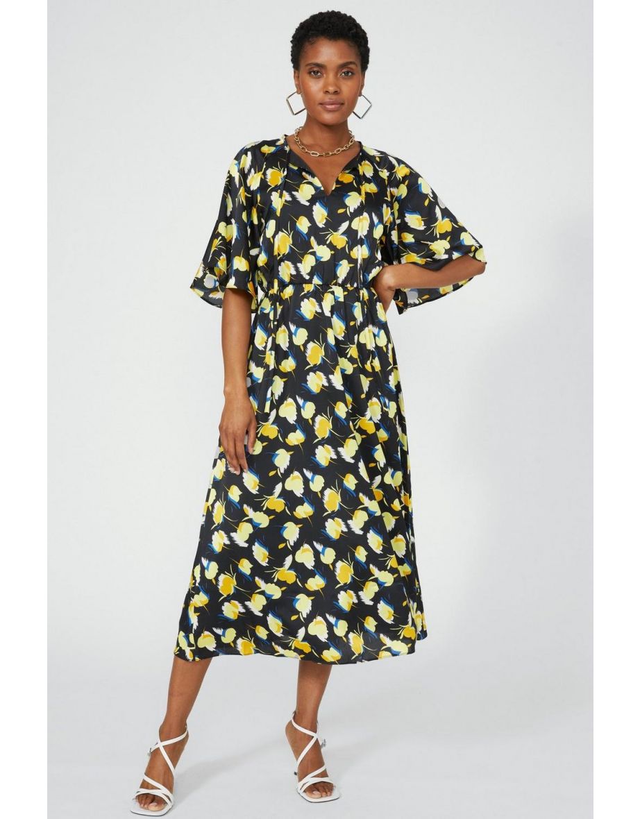 Occasion Tulip Print Tie Front Midi Dress yellow