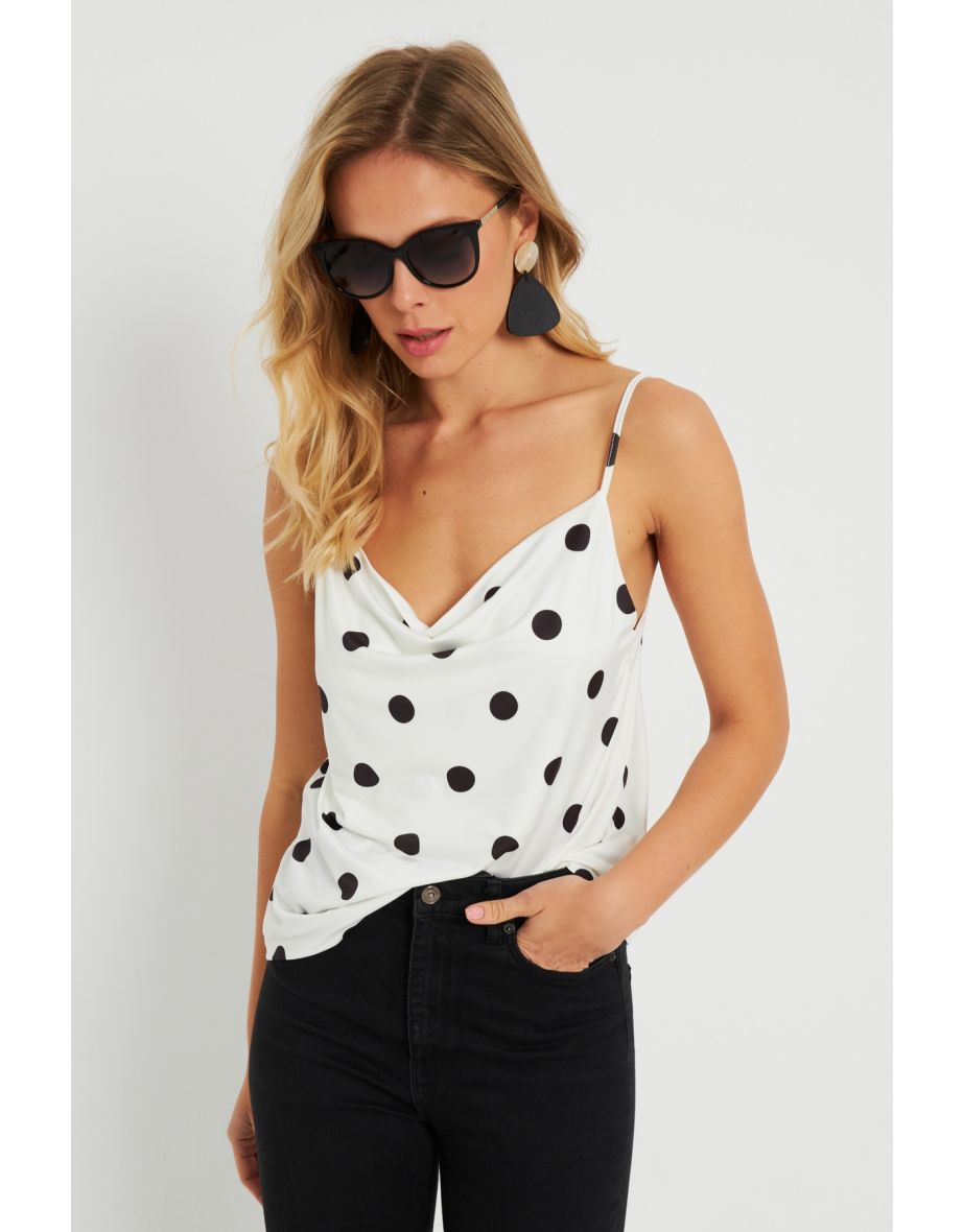 Women's Turndown Collar Polka Dot Blouse White-Black